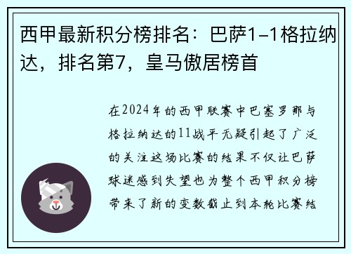 西甲最新积分榜排名：巴萨1-1格拉纳达，排名第7，皇马傲居榜首