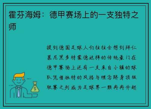 霍芬海姆：德甲赛场上的一支独特之师