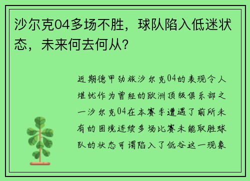 沙尔克04多场不胜，球队陷入低迷状态，未来何去何从？