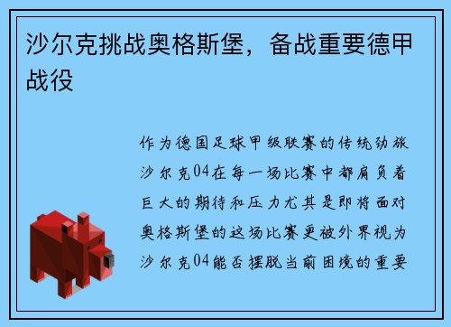 沙尔克挑战奥格斯堡，备战重要德甲战役