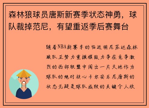 森林狼球员唐斯新赛季状态神勇，球队裁掉范尼，有望重返季后赛舞台