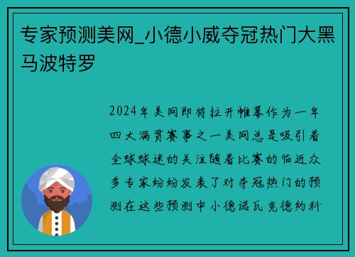 专家预测美网_小德小威夺冠热门大黑马波特罗