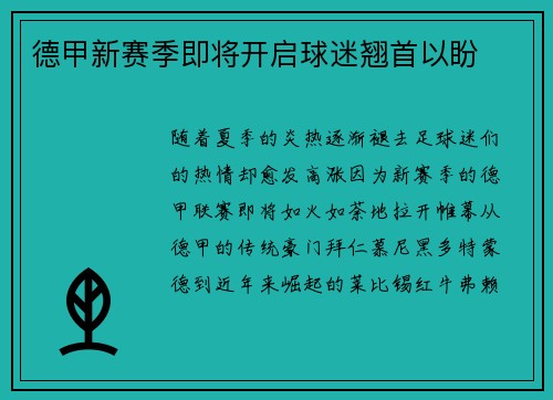 德甲新赛季即将开启球迷翘首以盼