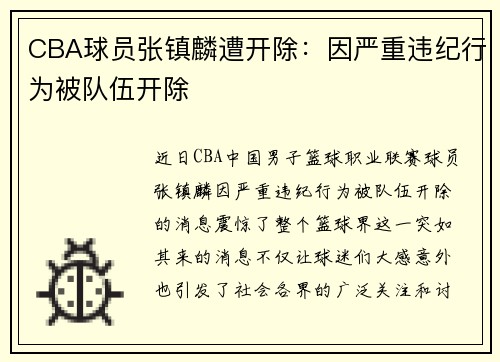 CBA球员张镇麟遭开除：因严重违纪行为被队伍开除